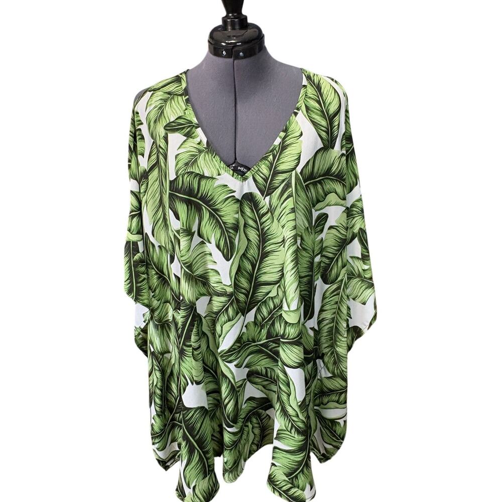Show Me Your Mumu Tropical Leaf Poncho Cover Up Medium Green V Neck